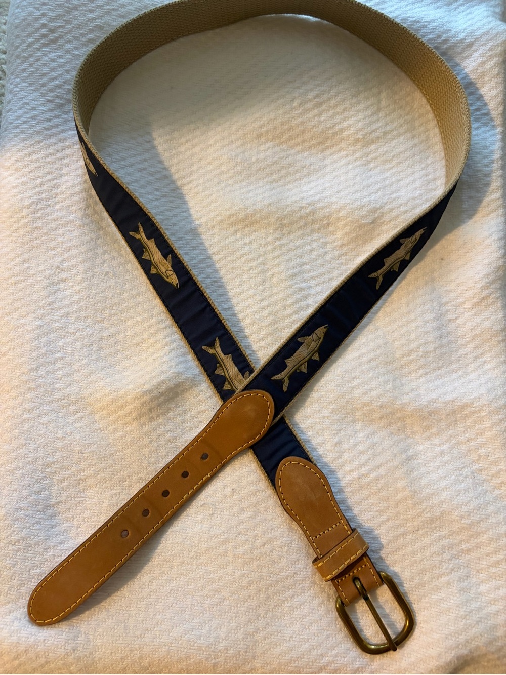 LEATHER MAN LTD-Navy/Tan Trout Fish Woven Ribbon Leather Belt Brass Buckle Sz 40